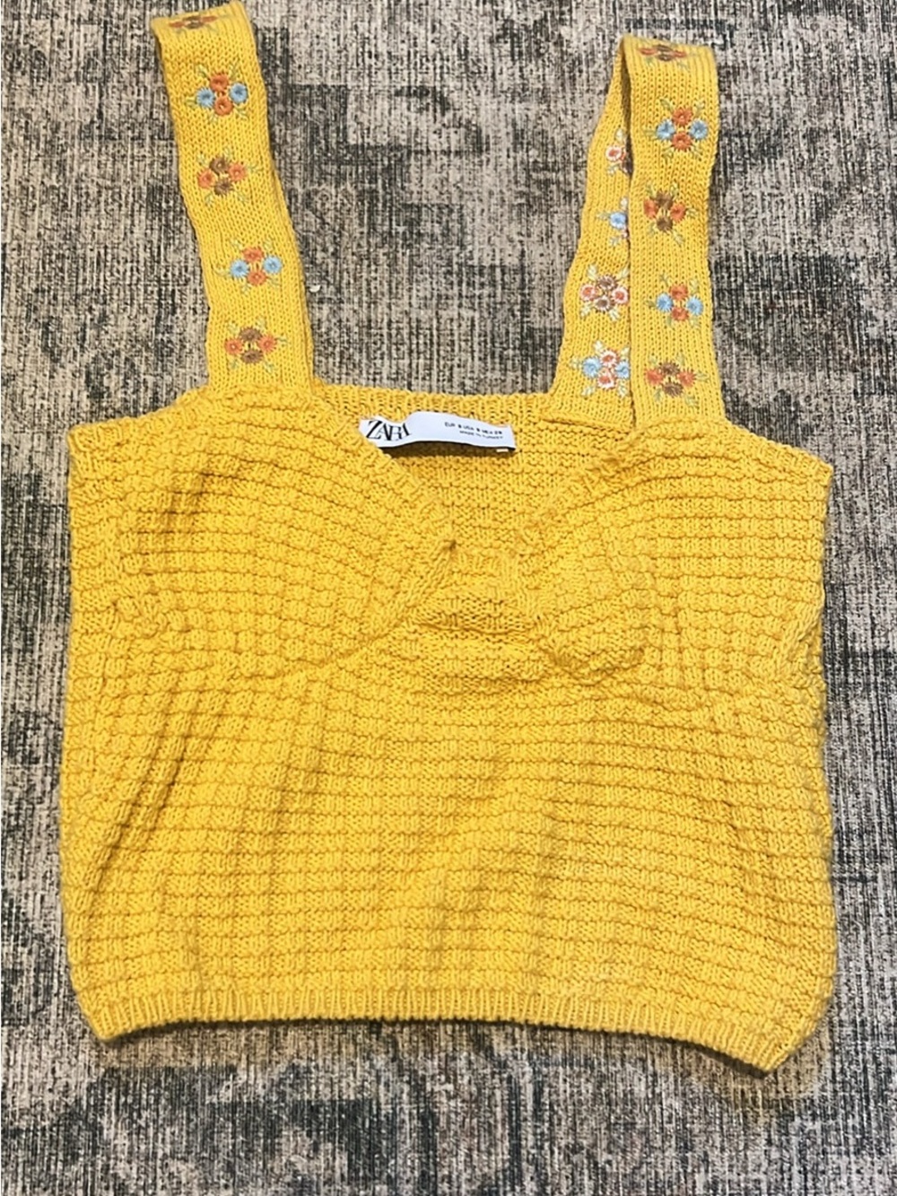 ZARA Bright Yellow Knitted Bustier Crop Top with Embroidered Straps